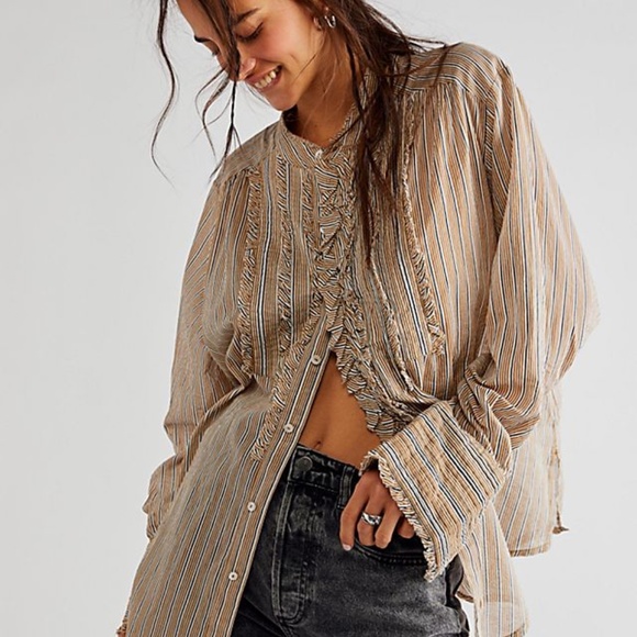 ⚜️ FREE PEOPLE Montana Striped Button Down Shirt sz L - Picture 1 of 12
